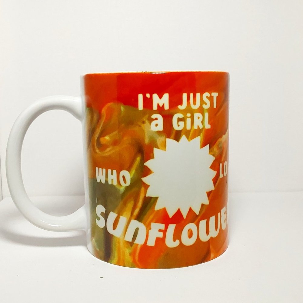 Handmade - Girl Who Loves Sunflowers- Coffee Tea Mug - Colorful - 12 oz Gift